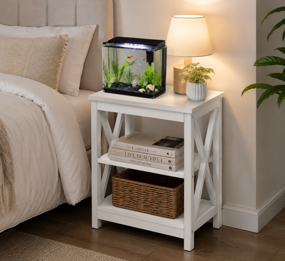 Keep Pet Clutter Stylishly Organized – Modern X-Design Nightstand with Storage Shelf