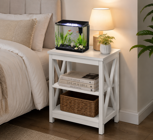 Keep Pet Clutter Stylishly Organized – Modern X-Design Nightstand with Storage Shelf