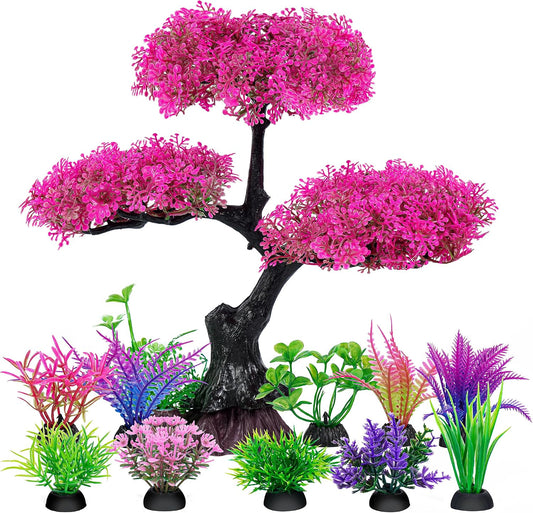 Pink Artificial Plastic Tree Aquarium Plants Decor Set, 11PCS | Soft Cherry Blossom Tree Fish Tank Decorations, Betta Goldfish Large Tank Accessories, Big Fish Bowl Tall Ornaments