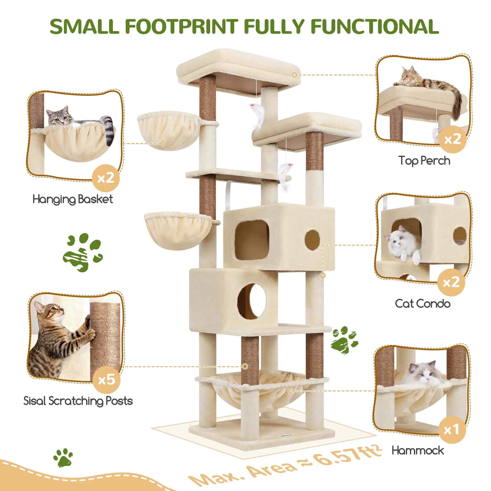 Globlazer S73 - Extra Large 73" Cat Tree Condo with Multi-Level Shelves & 5 Scratching Posts for Ultimate Cat Relaxation