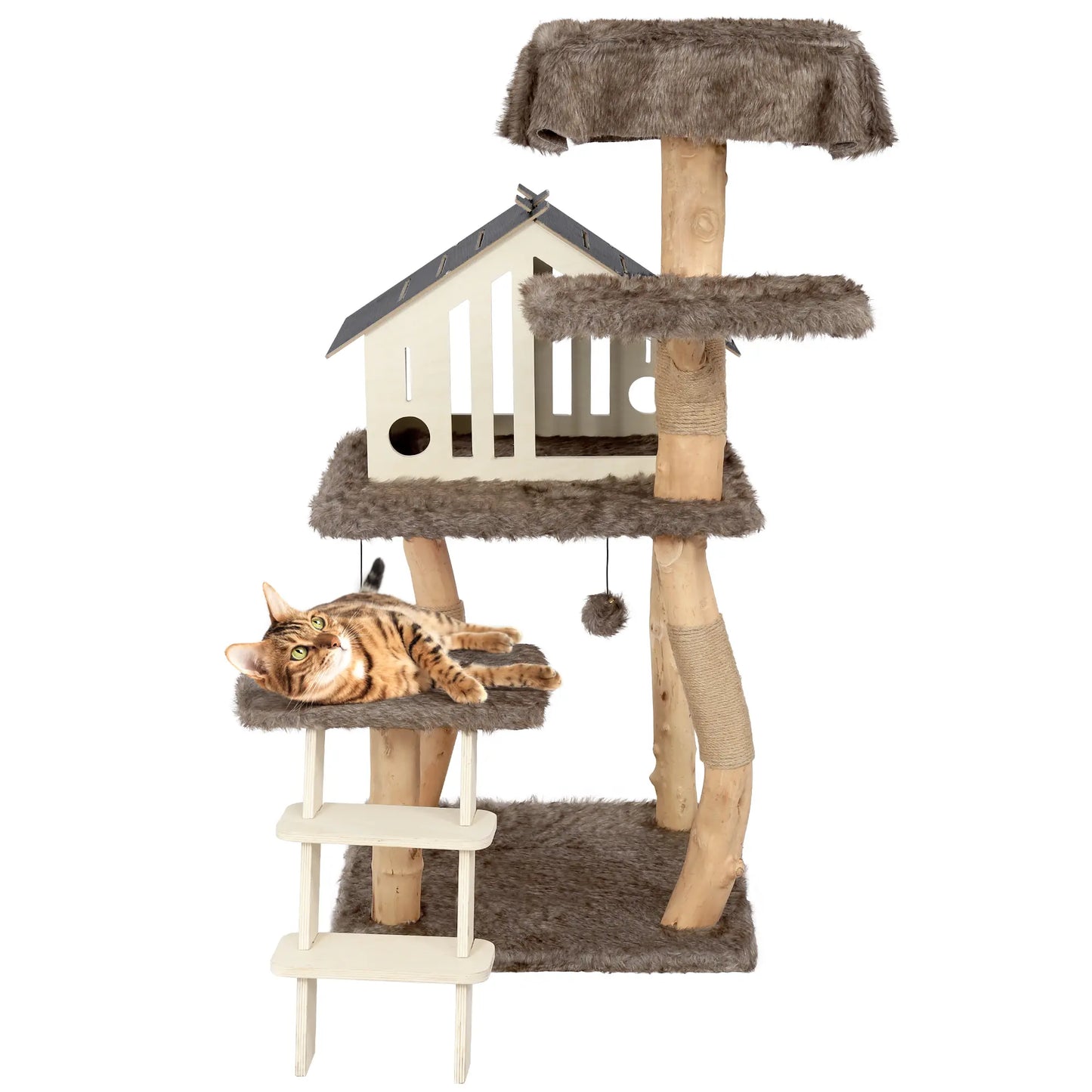Luxury Multi-Level Cat Tree - Durable Natural Wood with Plush Coverings, Perfect Cat Condo Gift - 64.17''H / 50.39''H