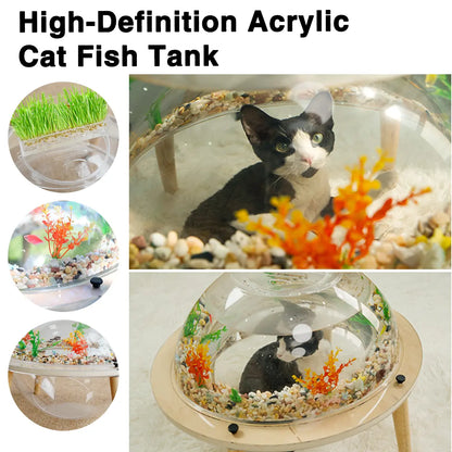 Cat Fish Tank & House Combo - Stylish Wooden Acrylic Aquarium Cat Bed with Decor | Perfect Indoor Gift for Cats