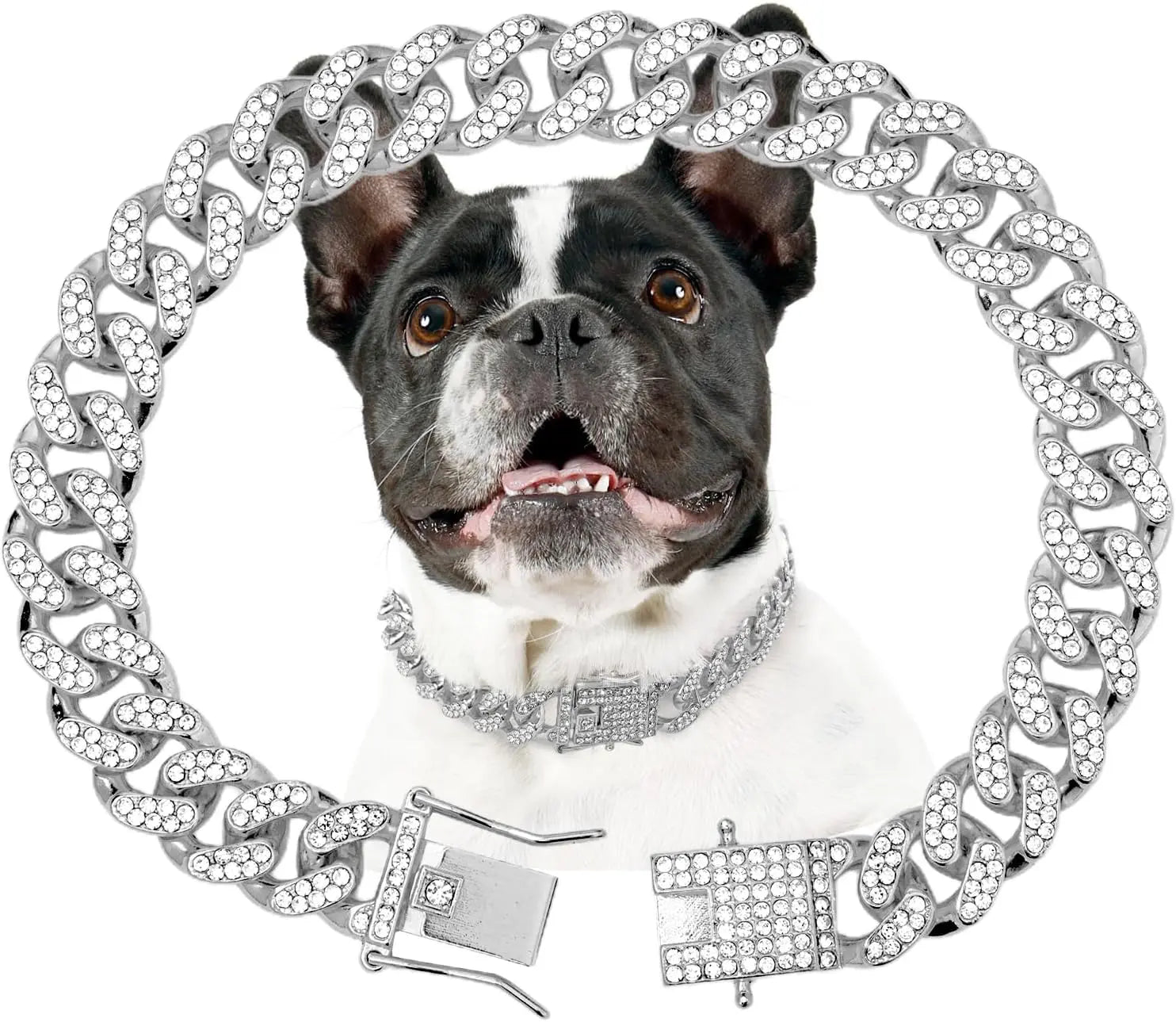Stylish Silver Diamond Cuban Link Dog Collar - 16 Inch Metal Chain Necklace for Large, Medium & Small Dogs and Cats