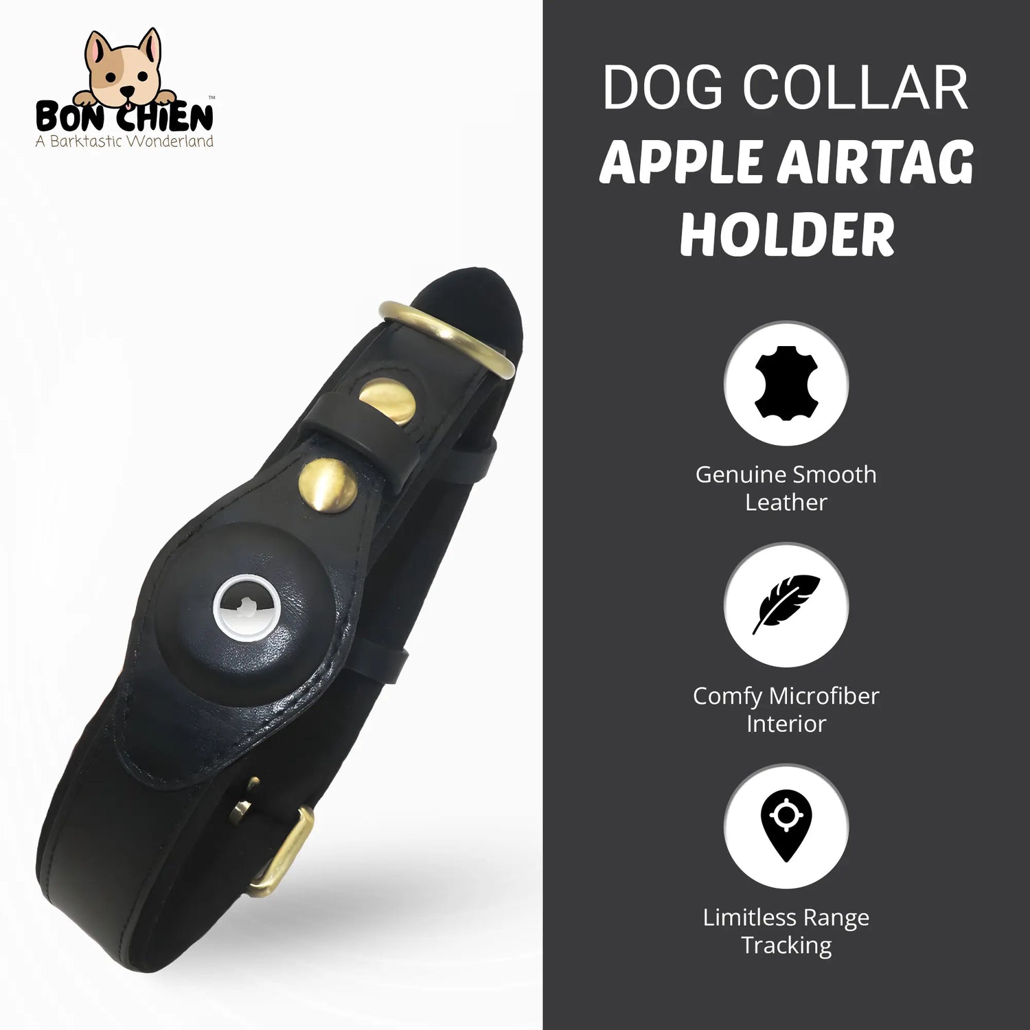 Bon Chien Premium Leather Dog Collar with Built-In Apple AirTag Holder - Waterproof, Adjustable, and Stylish Pet Accessory for Small Dogs