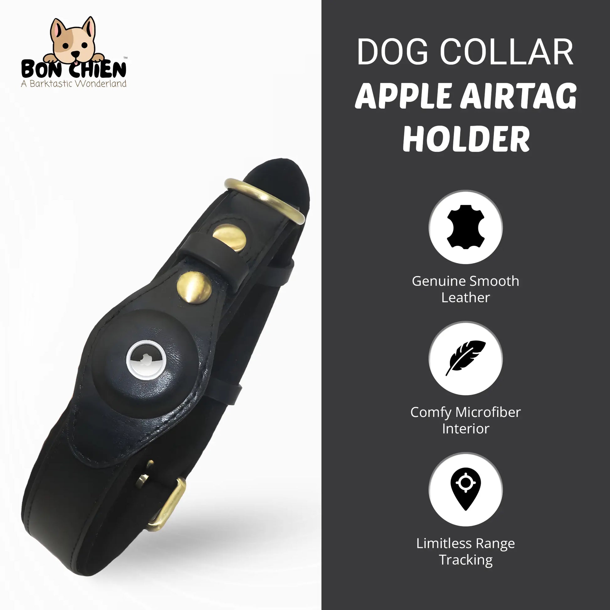 Bon Chien Premium Leather Dog Collar with Built-In Apple AirTag Holder - Waterproof, Adjustable, and Stylish Pet Accessory for Small Dogs
