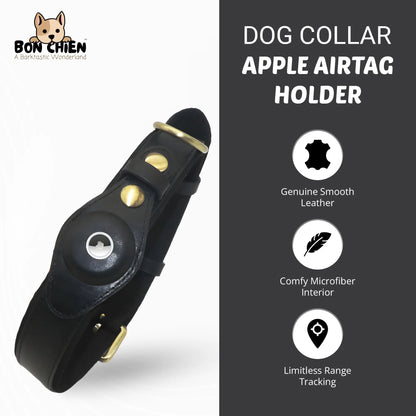 Bon Chien Premium Leather Dog Collar with Built-In Apple AirTag Holder - Waterproof, Adjustable, and Stylish Pet Accessory for Small Dogs