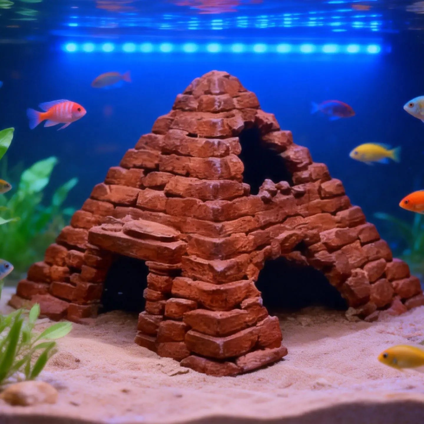 Eco-Friendly 3D Printed Fish Hideout House - Pyramid Shaped Underwater Cave for Small Aquariums