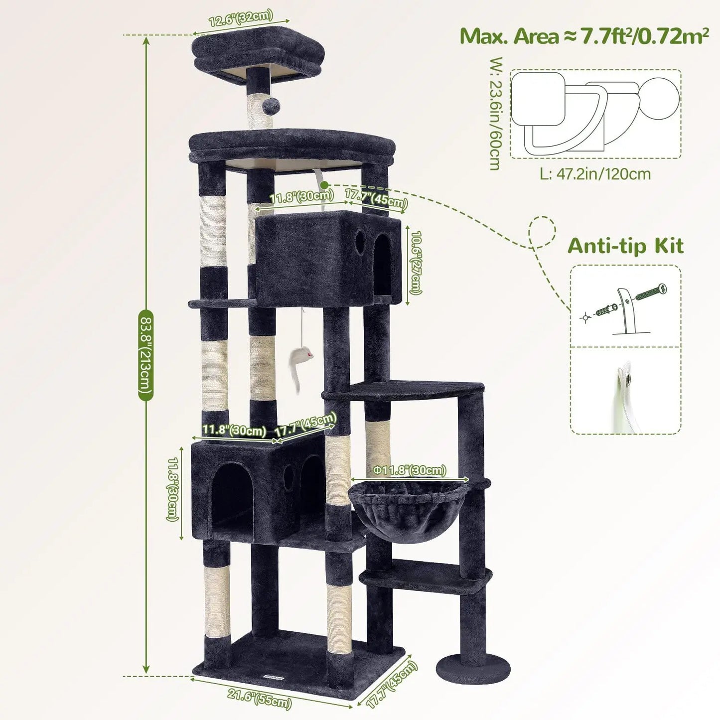 Ultimate XXL Cat Tree - 83 Inch Indoor Tower for Large Cats, Heavy Duty Design with 9 Posts - Dark Grey