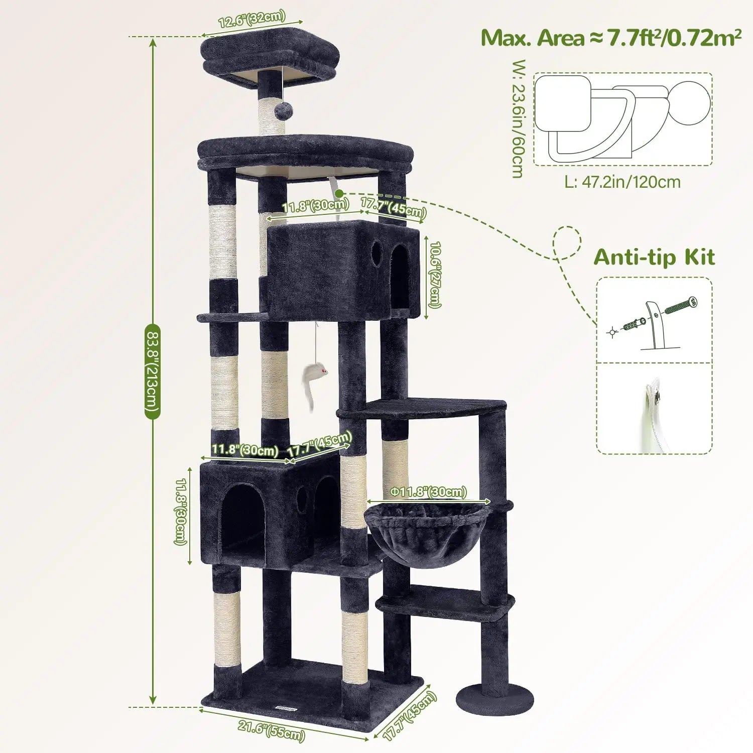 Ultimate XXL Cat Tree - 83 Inch Indoor Tower for Large Cats, Heavy Duty Design with 9 Posts - Dark Grey