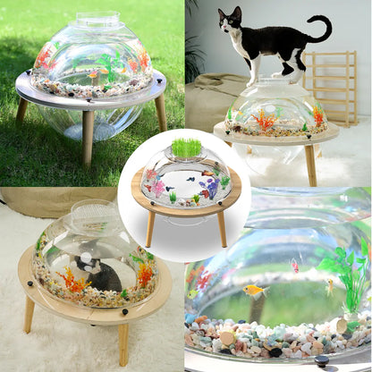 Cat Fish Tank & House Combo - Stylish Wooden Acrylic Aquarium Cat Bed with Decor | Perfect Indoor Gift for Cats