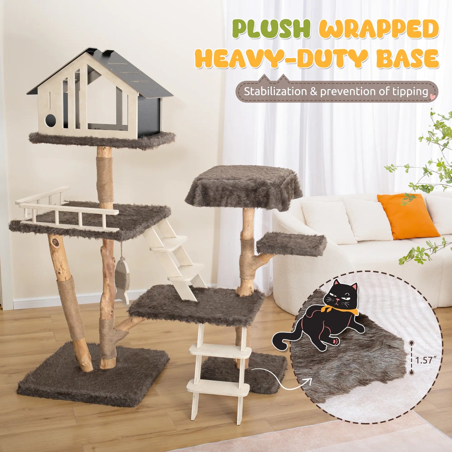 Luxury Multi-Level Cat Tree - Durable Natural Wood with Plush Coverings, Perfect Cat Condo Gift - 64.17''H / 50.39''H