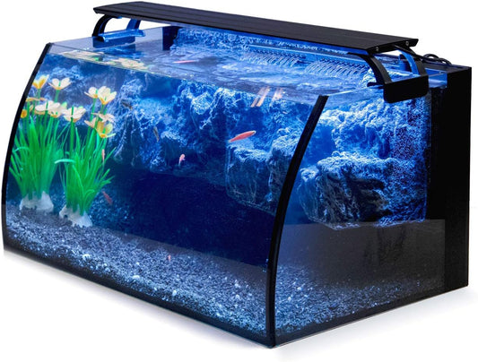 Horizon 8 Gallon LED Glass Aquarium Kit for Starters with 7W Power Filter Pump, 18W Colored Led Light, Wide View Curved Shape Fish Tank with Undetachable 3D Rockery Background Decor