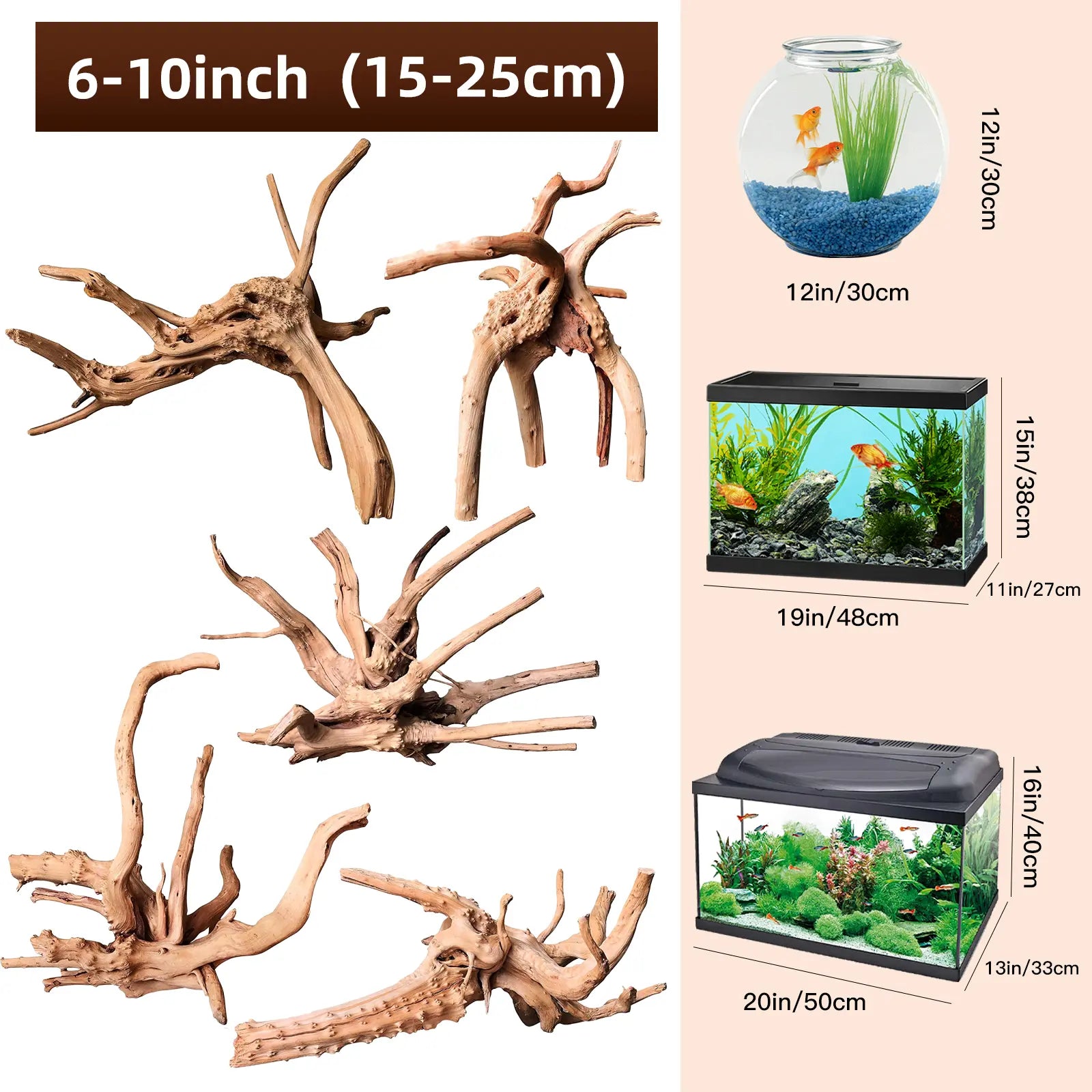 Premium Natural Driftwood Set for Aquariums - 5 Large Pieces (6''-10'') Perfect for Fish Tanks, Reptile Habitats & Air Plant Displays