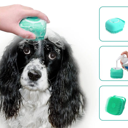 Silicone Pet Bath Brush with Shampoo Dispenser - Perfect Bath Accessory for Dogs & Cats + Ultra-Absorbent Deerskin Towel