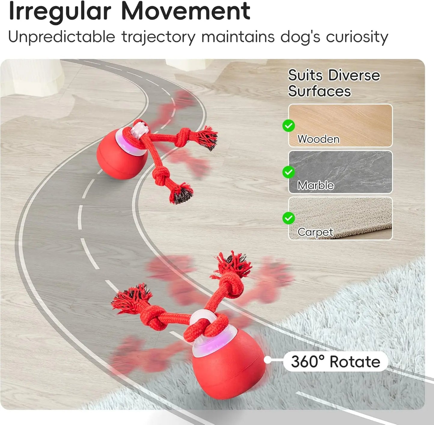 Crazy Ball - Rechargeable Squeaky Toy with Rope for Small & Medium Dogs - Perfect for Playtime & Training - Dark Red