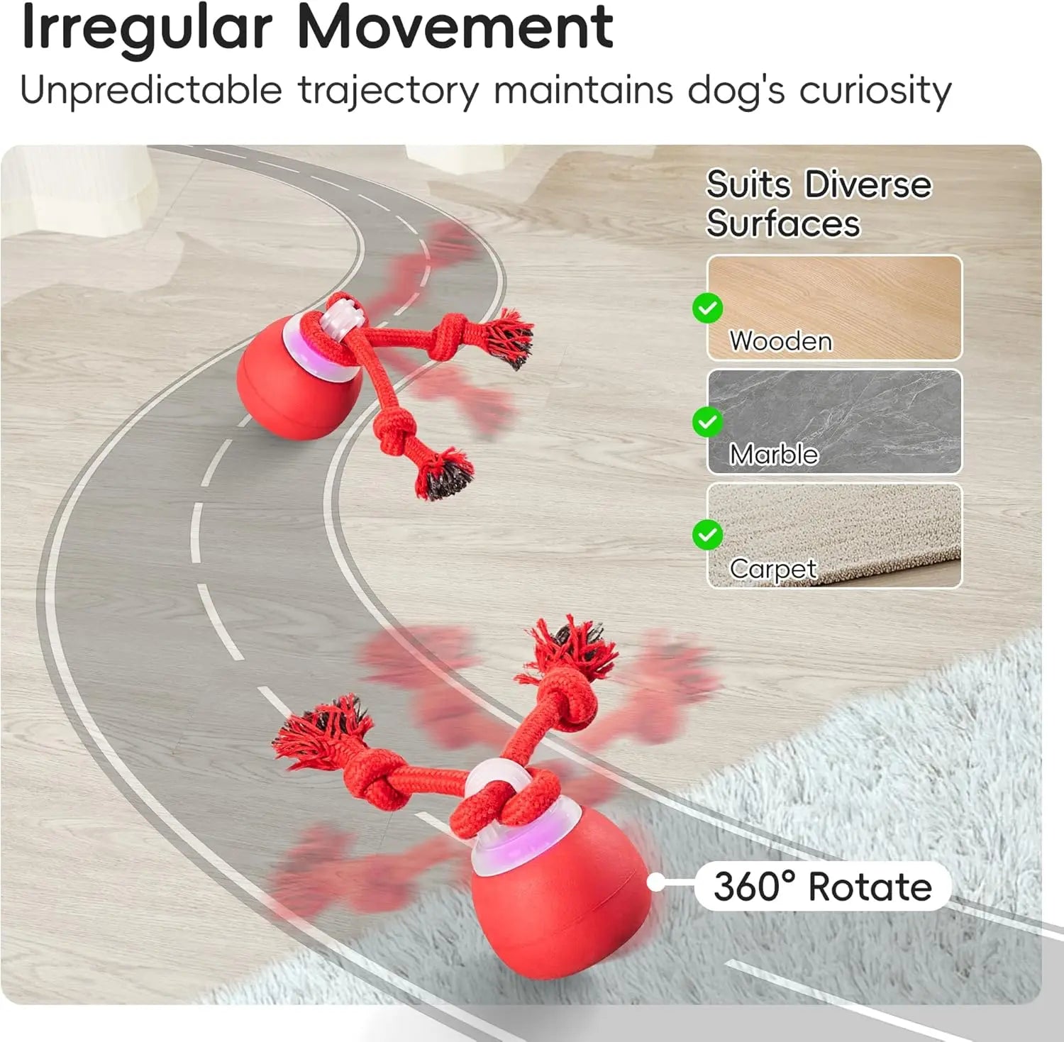 Crazy Ball - Rechargeable Squeaky Toy with Rope for Small & Medium Dogs - Perfect for Playtime & Training - Dark Red