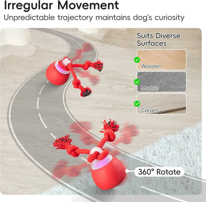 Crazy Ball - Rechargeable Squeaky Toy with Rope for Small & Medium Dogs - Perfect for Playtime & Training - Dark Red