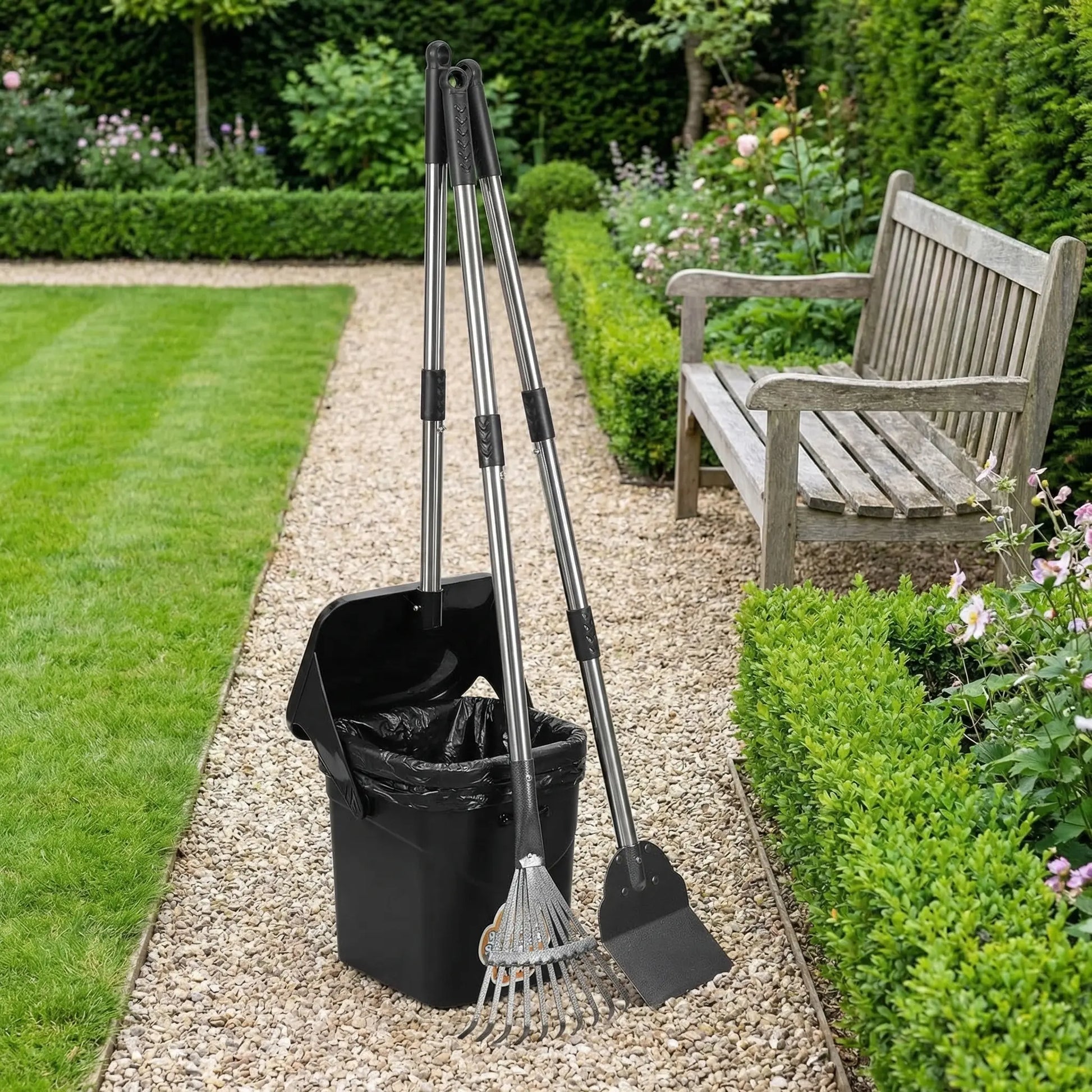 Heavy-Duty Stainless Steel Dog Pooper Scooper with 40" Long Handle, Swivel Bin, Rake, Spade, 20 Waste Bags & Hook - Perfect for All Dog Sizes!