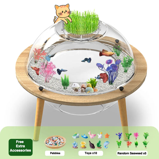 Cat Fish Tank & House Combo - Stylish Wooden Acrylic Aquarium Cat Bed with Decor | Perfect Indoor Gift for Cats