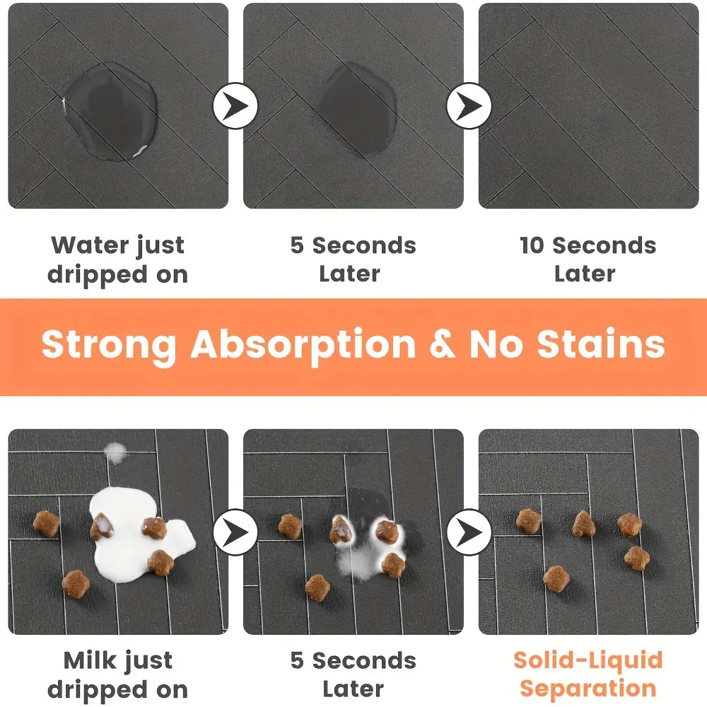 Quick-Dry Absorbent Pet Feeding Mat for Dogs & Cats - Non-Slip Rubber Base, Indoor Use, Dark Polyester Surface