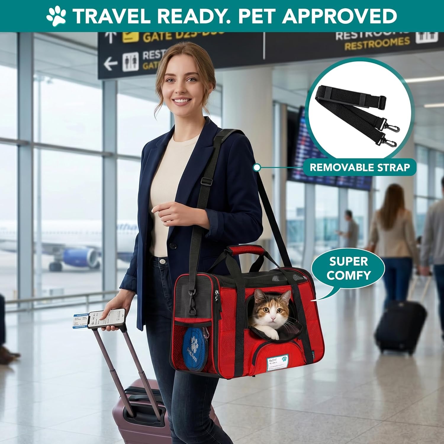 Airline Approved Pet Carrier for Cats & Small Dogs, Soft Sided TSA Travel Carrier Bag with Sherpa Bed, Breathable Mesh Ventilation, Collapsible Bowl, Fits under Seat, up to 18 Lbs, Small Red