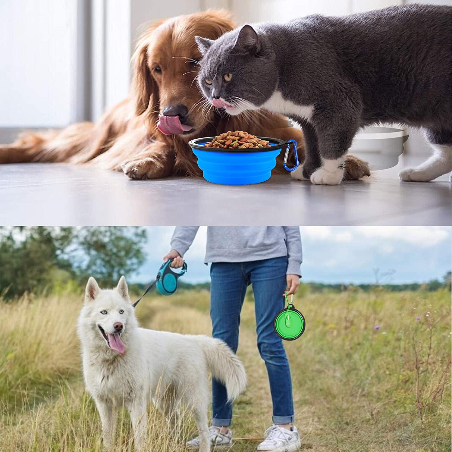 Collapsible Dog Bowls, Portable Travel Dog Bowls, Expandable for Cat Dog Water Bowls Food Feeding, 2 Pack Silicone Pet Bowls with Waste Bag Dispenser