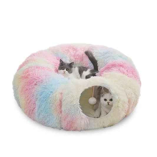 Cozy Plush Two-in-One Cat Tunnel Bed & Nest - Winter Warmth for Multiple Cats, Soft Non-Slip Design