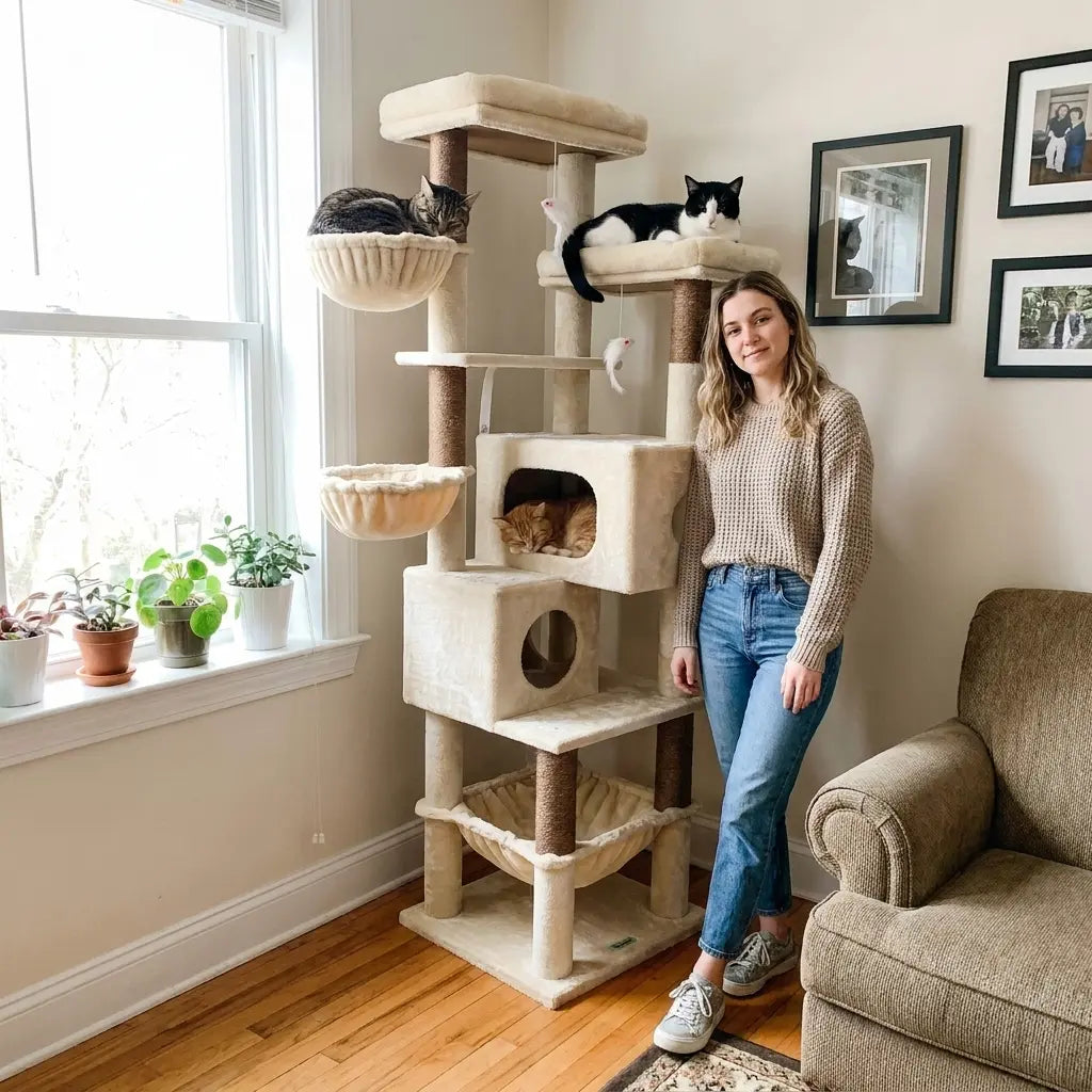 Globlazer S73 - Extra Large 73" Cat Tree Condo with Multi-Level Shelves & 5 Scratching Posts for Ultimate Cat Relaxation