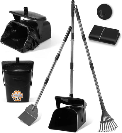 Heavy-Duty Stainless Steel Dog Pooper Scooper with 40" Long Handle, Swivel Bin, Rake, Spade, 20 Waste Bags & Hook - Perfect for All Dog Sizes!