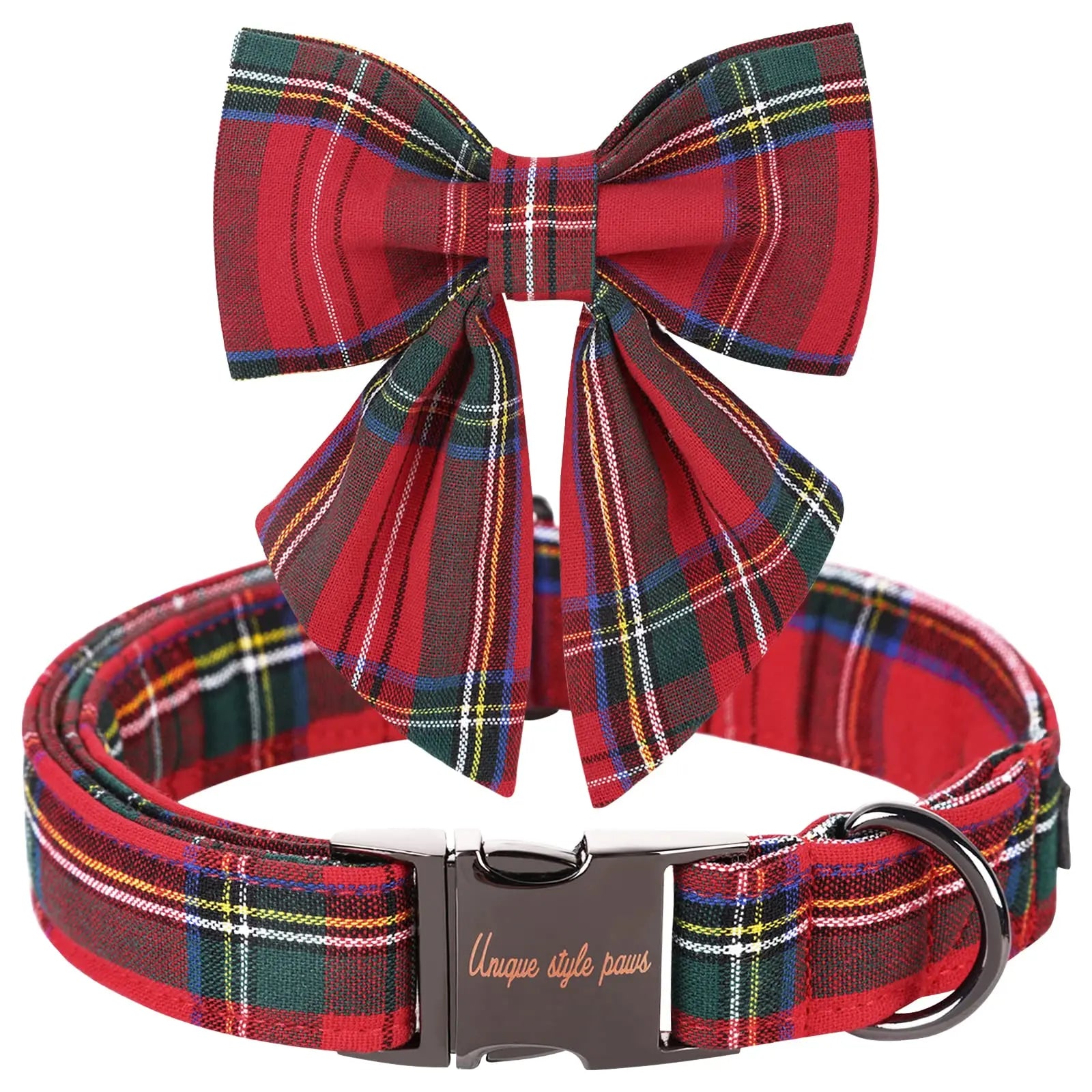 Festive Plaid Dog Collar with Bow Tie - Adjustable Christmas Scottish Tartan for Small to Large Dogs, Perfect Holiday Gift!