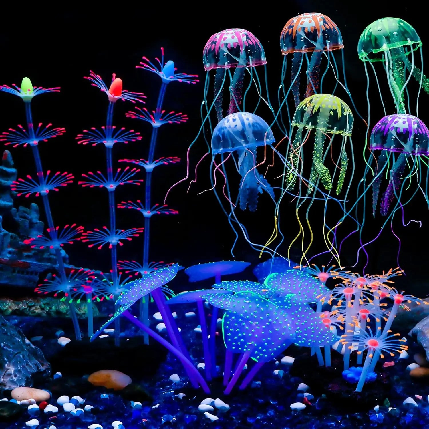 Vibrant 6-Pack Glowing Jellyfish Aquarium Ornaments - Enchanting Underwater Decor