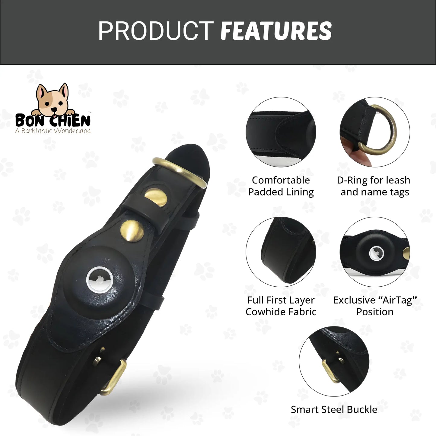 Bon Chien Premium Leather Dog Collar with Built-In Apple AirTag Holder - Waterproof, Adjustable, and Stylish Pet Accessory for Small Dogs