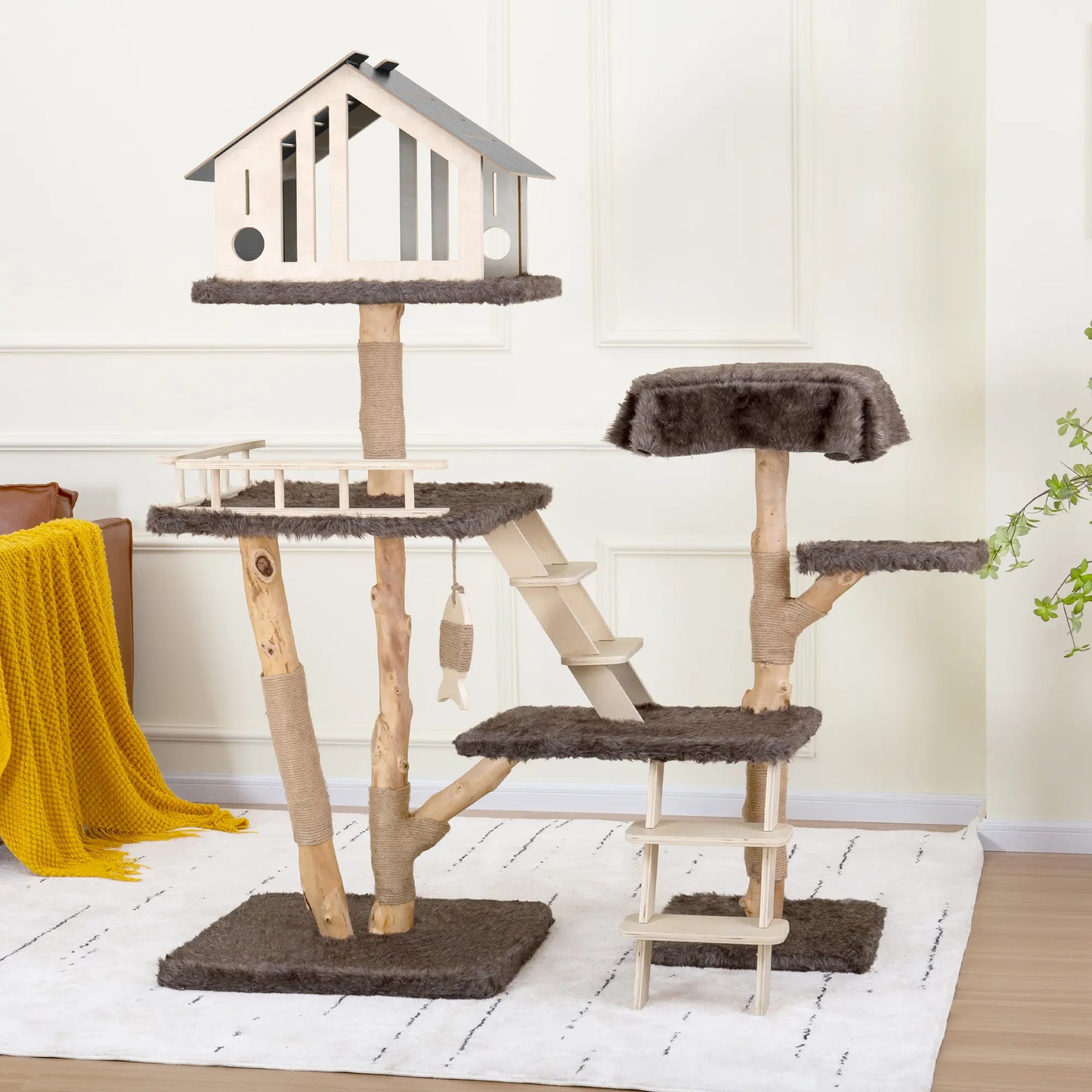 Luxury Multi-Level Cat Tree - Durable Natural Wood with Plush Coverings, Perfect Cat Condo Gift - 64.17''H / 50.39''H