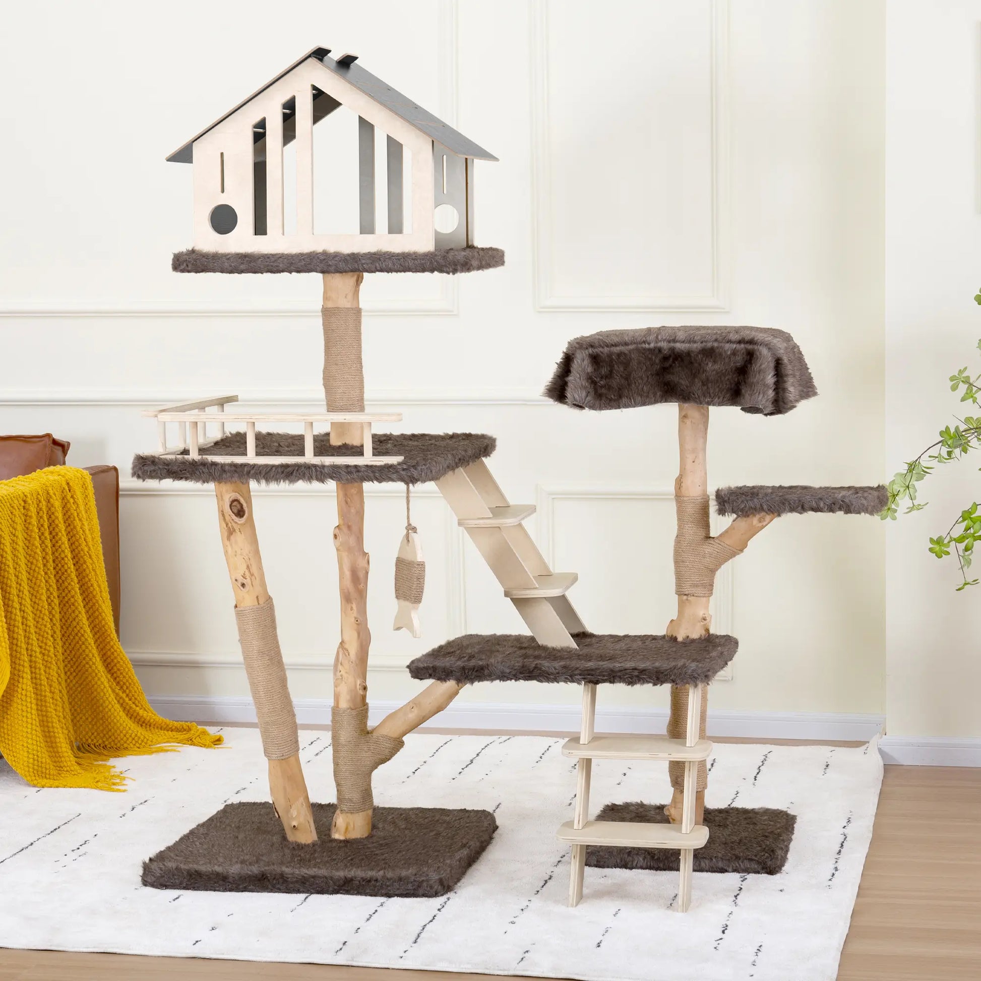 Luxury Multi-Level Cat Tree - Durable Natural Wood with Plush Coverings, Perfect Cat Condo Gift - 64.17''H / 50.39''H