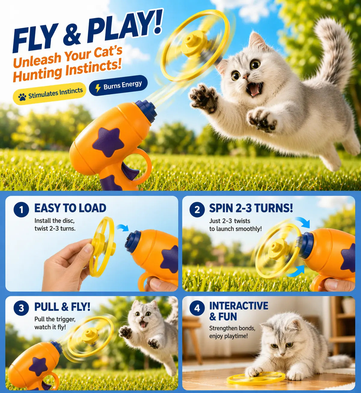 Engaging 6-Piece Interactive Cat Toy Set - Flying Disc & One-Click Spinner for Indoor Fun & Exercise