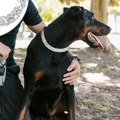 Stylish Silver Diamond Cuban Link Dog Collar - 16 Inch Metal Chain Necklace for Large, Medium & Small Dogs and Cats