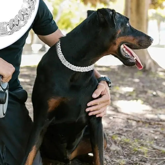 Stylish Silver Diamond Cuban Link Dog Collar - 16 Inch Metal Chain Necklace for Large, Medium & Small Dogs and Cats