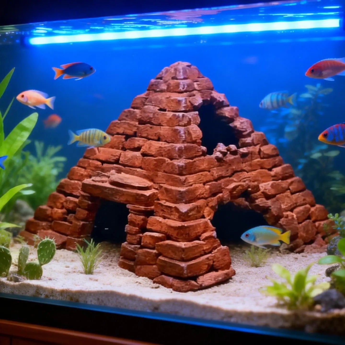 Eco-Friendly 3D Printed Fish Hideout House - Pyramid Shaped Underwater Cave for Small Aquariums