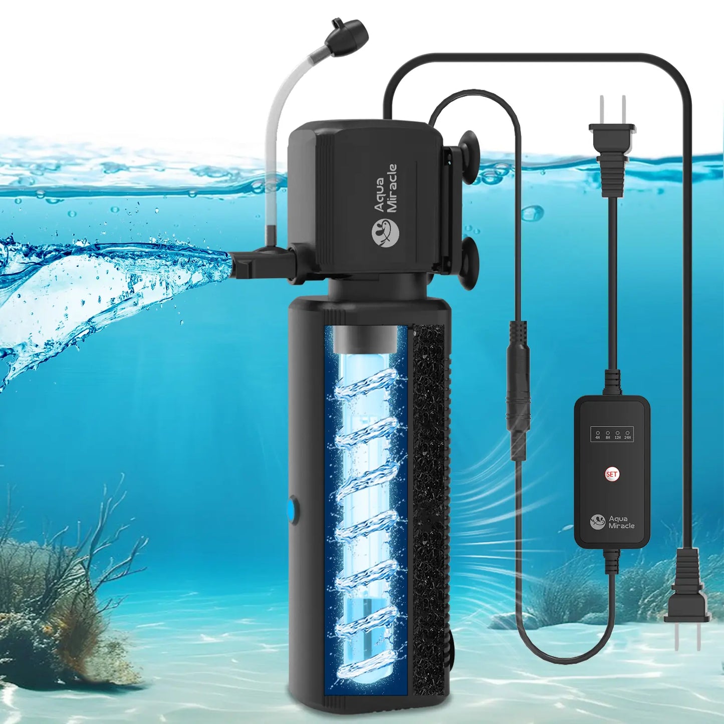 Aquamiracle U-V Light Aquarium Filter with Timer & Aeration - Perfect for Crystal Clear Fish Tanks and Turtles!
