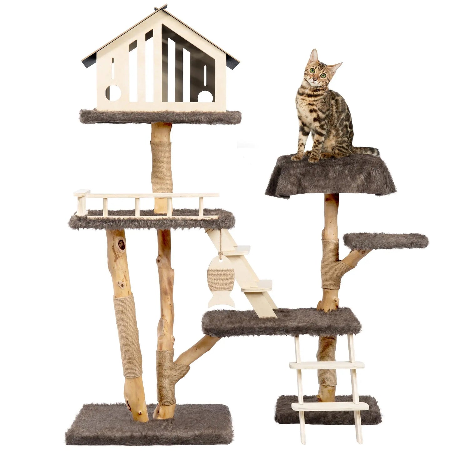 Luxury Multi-Level Cat Tree - Durable Natural Wood with Plush Coverings, Perfect Cat Condo Gift - 64.17''H / 50.39''H