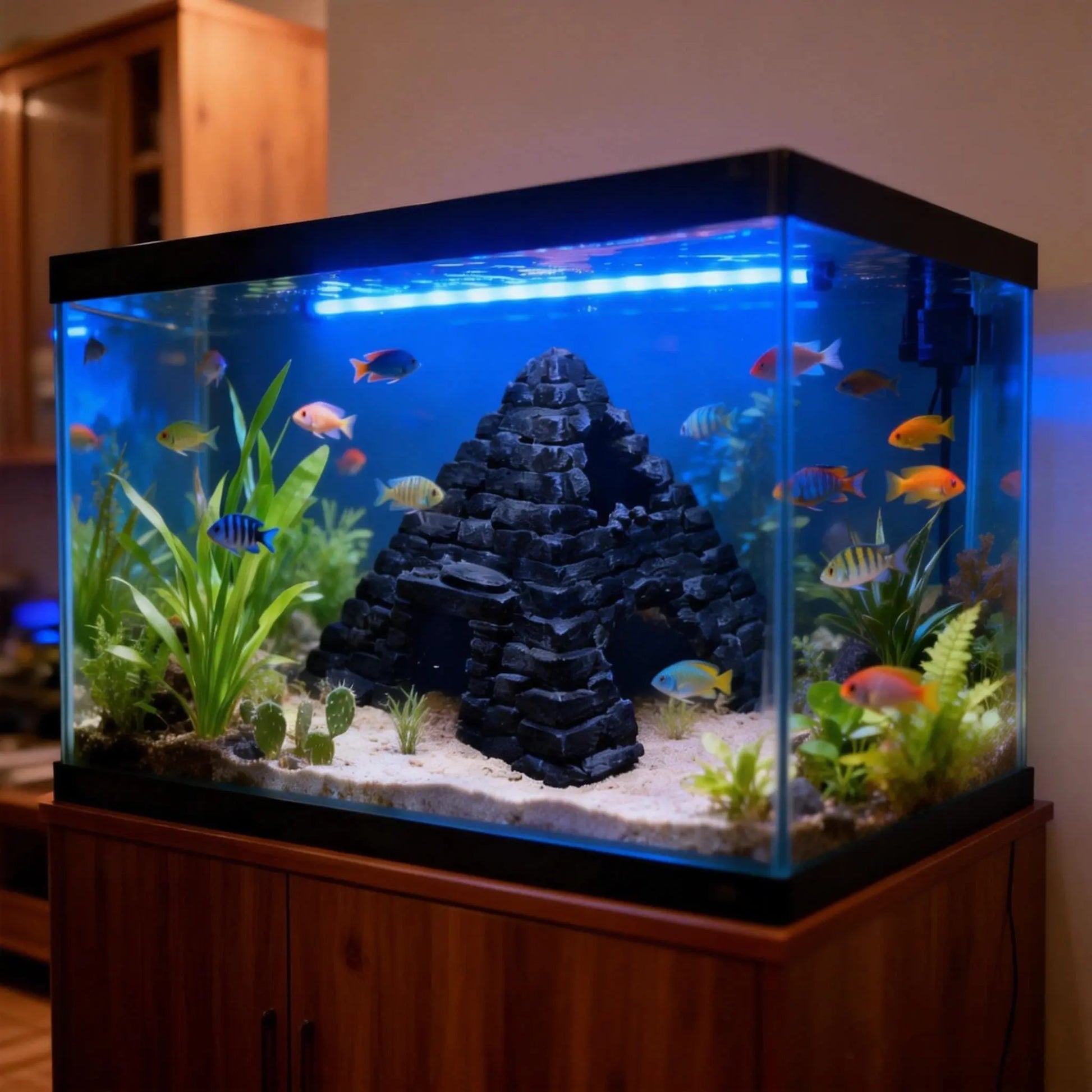 Eco-Friendly 3D Printed Fish Hideout House - Pyramid Shaped Underwater Cave for Small Aquariums