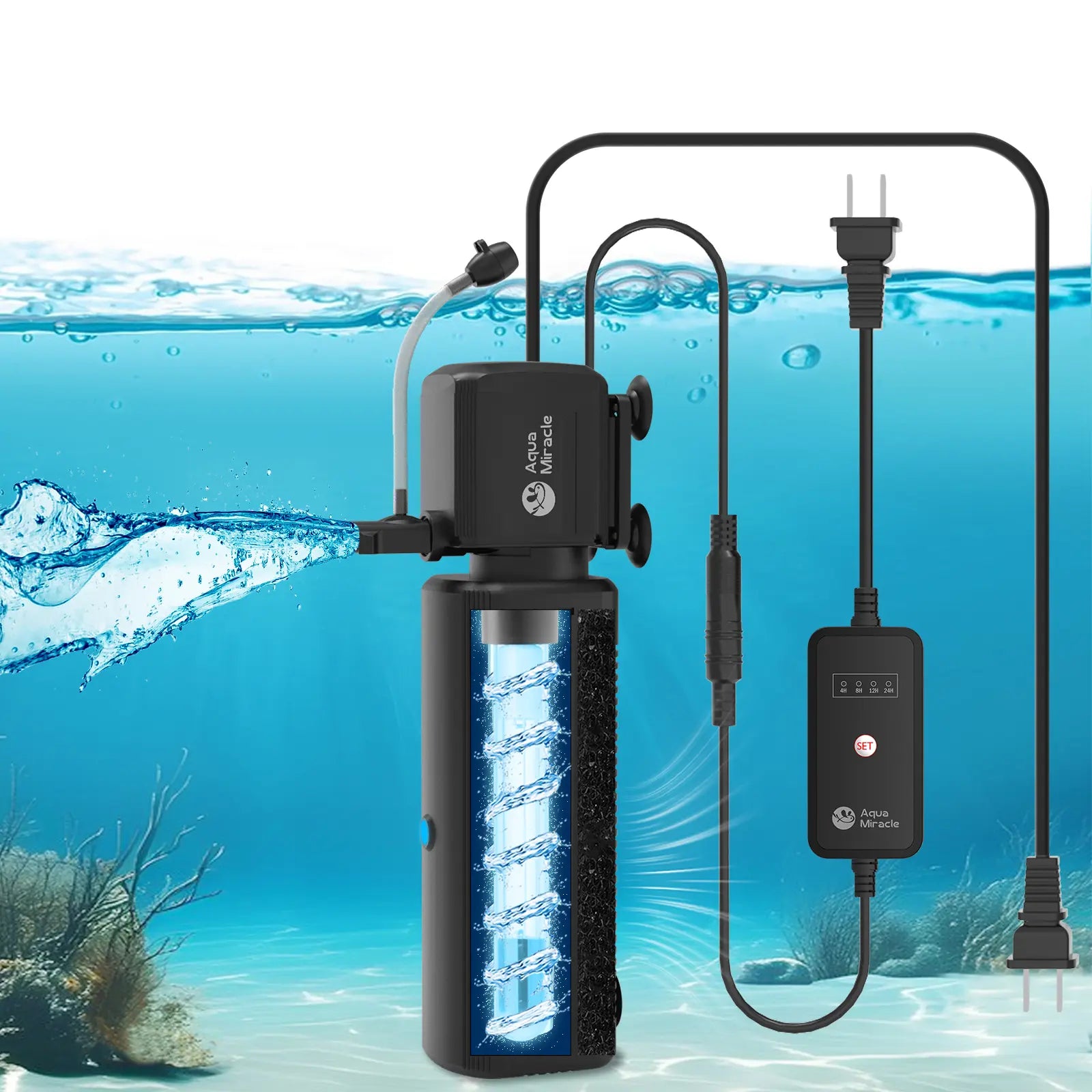 Aquamiracle U-V Light Aquarium Filter with Timer & Aeration - Perfect for Crystal Clear Fish Tanks and Turtles!