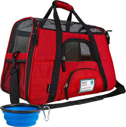 Airline Approved Pet Carrier for Cats & Small Dogs, Soft Sided TSA Travel Carrier Bag with Sherpa Bed, Breathable Mesh Ventilation, Collapsible Bowl, Fits under Seat, up to 18 Lbs, Small Red